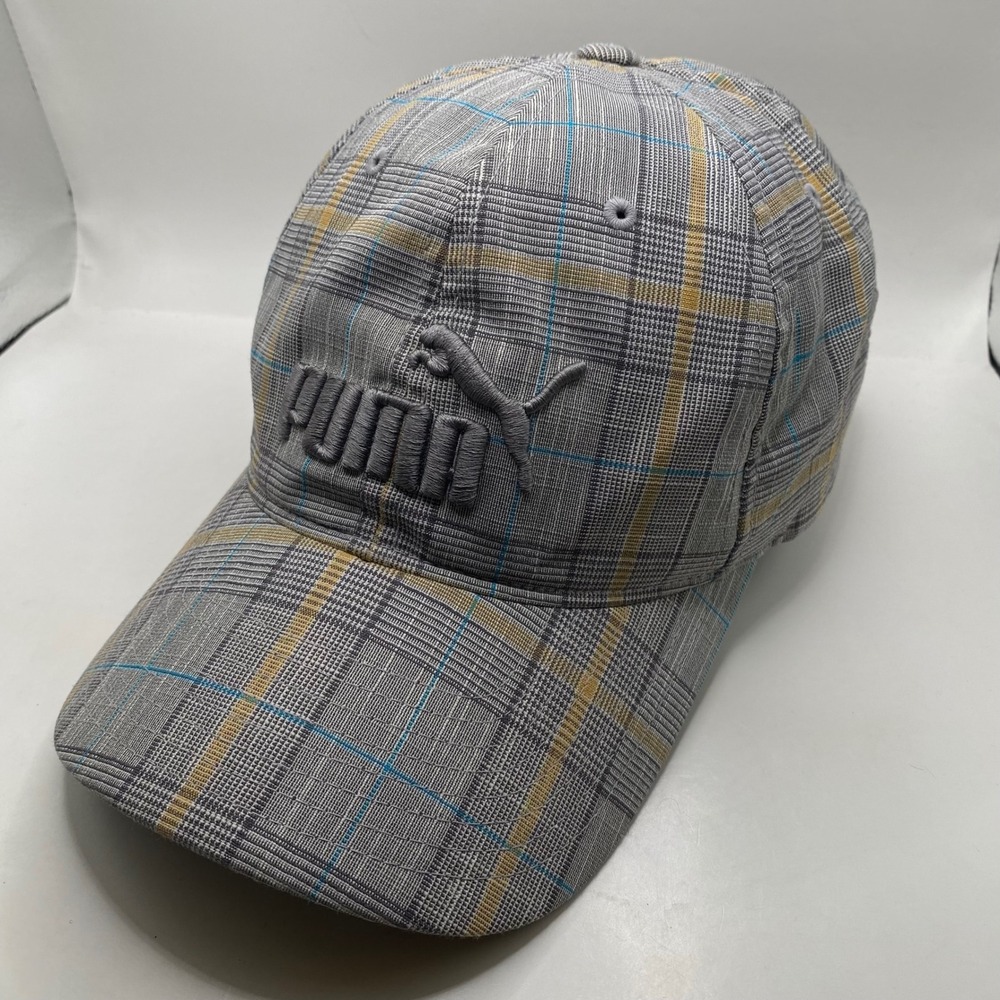 PUMA Plaid Adjustable Baseball Cap Hat Unisex Grey Yellow Blue 3D Logo Sport SEO
